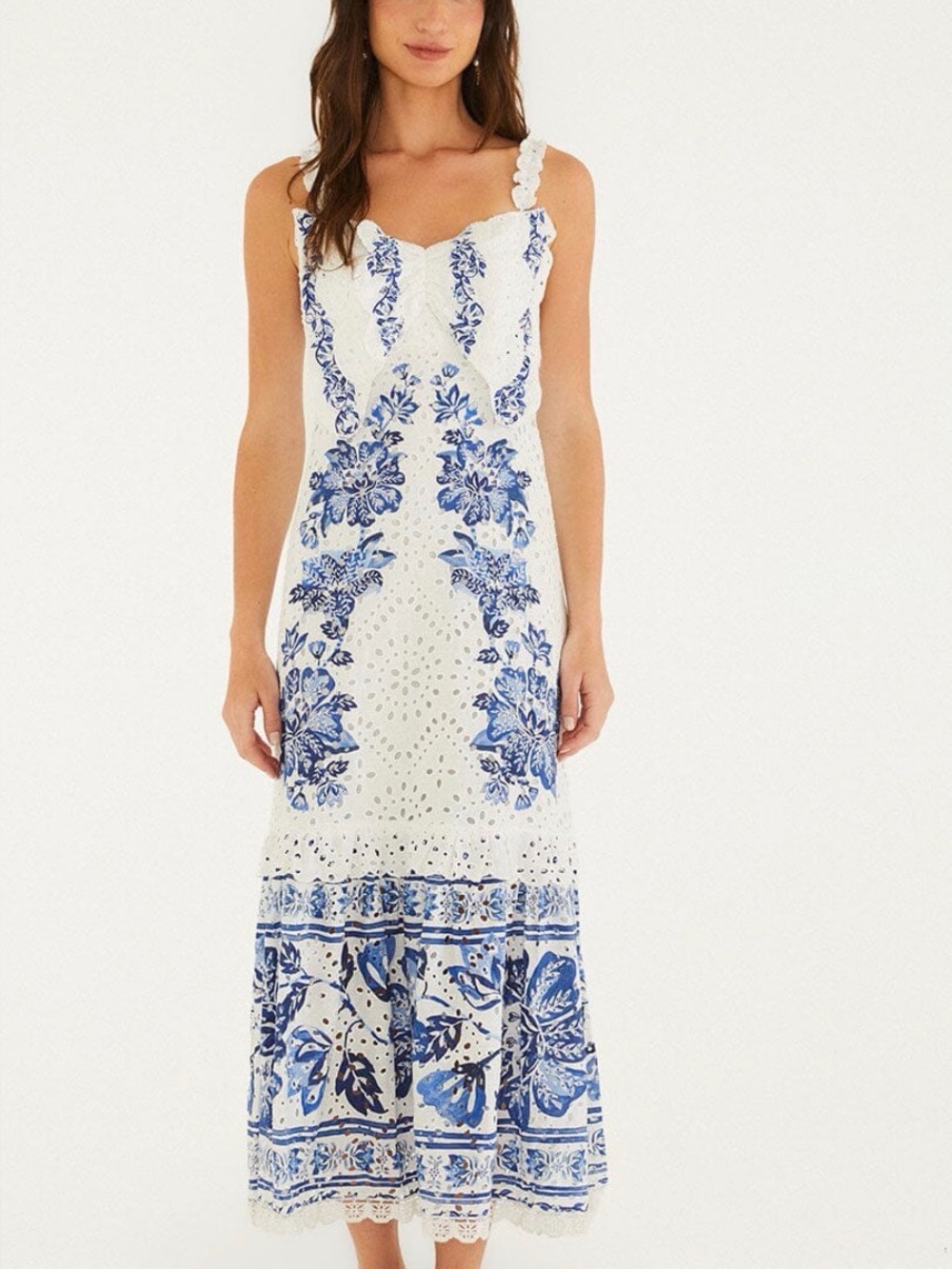 FARM Rio White Maxi Dress with Blue Floral Eyelet NWT